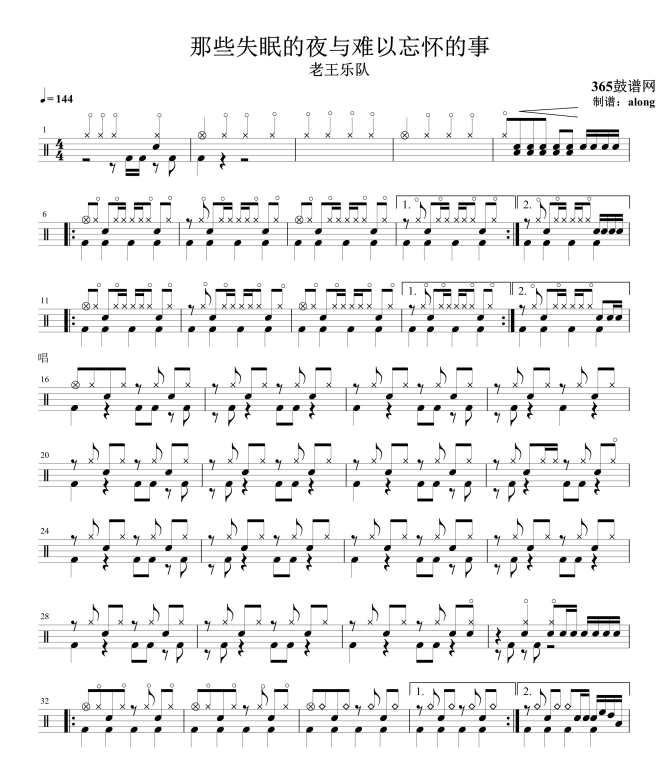 原创鼓谱 老王乐队 那些失眠的夜与难以忘怀的事 鼓谱 架子鼓高清鼓谱PDF