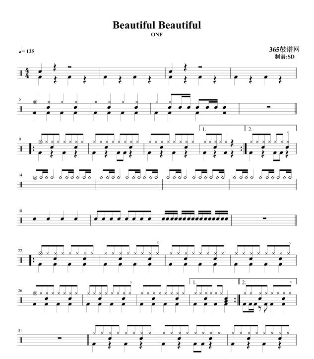 原创鼓谱 Beautiful Beautiful 鼓谱 架子鼓 高清鼓谱PDF