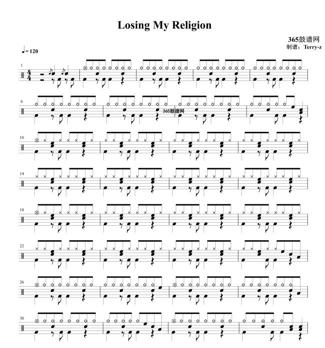 原创鼓谱 Losing My Religion 鼓谱 架子鼓 高清鼓谱